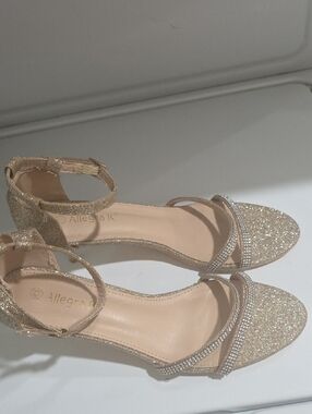 Allegra K Champagne Gold Glitter Ankle-Strap Heels